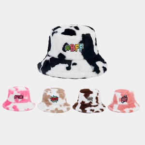 Cow Print Plush Bucket Hat Faux Fur Winter Warm Streetwear With Embroidery Patch For Women