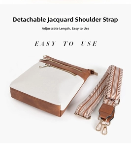 Detail of detachable jacquard strap and dual-zip contrast PU leather crossbody bag
