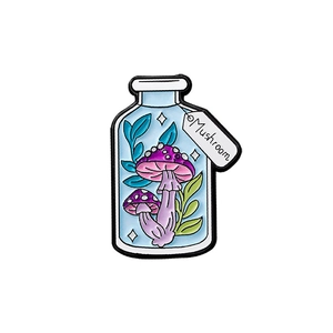 Cartoon enamel pin featuring a colorful mushroom in a glass bottle with Mushroom tag