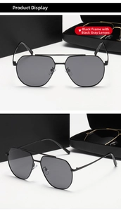 Detalle de gafas de sol aviador negras de metal con lentes gris oscuro y estuche