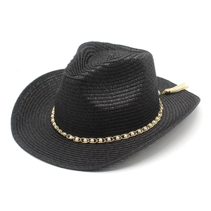 Elegant black straw cowboy sun hat with gold pearl chain and tassel detail