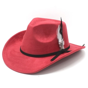 Red faux suede western cowboy hat with decorative feather and curved brim for unisex