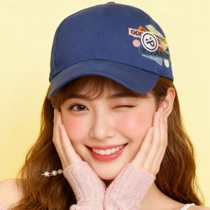 Classic navy blue cotton baseball cap with embroidered smile face and side patch on yellow background