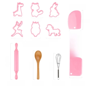 Kids pink baking tool set with animal cookie cutters and rolling pin dimensions