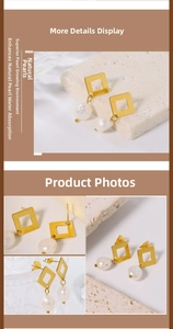 Macro shot of natural baroque pearl earrings with golden geometric square frames