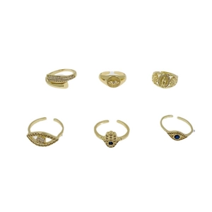 6-piece 18K gold plated ring set featuring Hamsa hand and blue zircon evil eye charms
