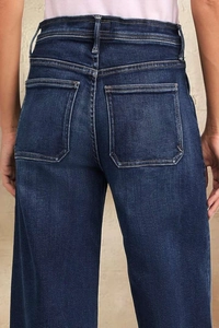 Detailed back view of high-waist dark blue jeans showing denim pockets and stitching