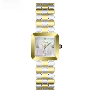 Detail of square gold watch with mother of pearl dial and bicolor steel bracelet