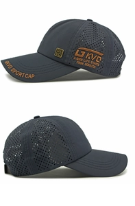 Detail view of quick-dry baseball cap featuring laser-cut ventilation and side embroidery