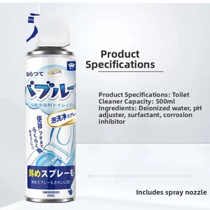 Detailed view of 500ml toilet foam spray with spray tube and full ingredient list