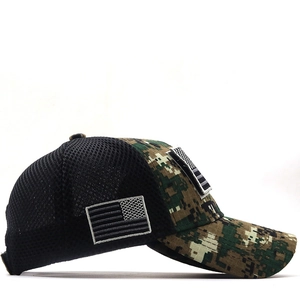 Detail of tactical camo baseball cap featuring breathable black mesh and American flag patches