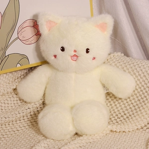 Plush white cat stuffed toy with embroidery on soft knit blanket for home decor