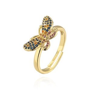 18K gold plated butterfly ring with colorful cubic zirconia and adjustable open band