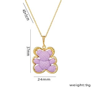 Gold titanium steel necklace with a purple glitter teddy bear pendant for women
