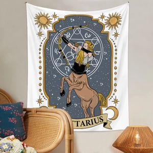 Detailed Sagittarius tarot tapestry featuring centaur archer in cozy bedroom setting