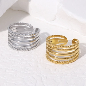 Minimalist geometric open rings in gold and silver finish with beaded edges on stone