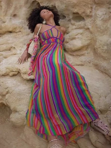 Bohemian V-neck maxi dress with colorful rainbow stripes for women on vacation