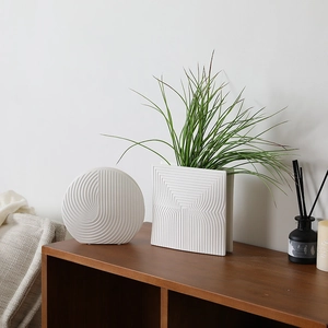 Modern Minimalist White Ceramic Vase Geometric Textured Desktop Flower Container Art Ornament Home Living Room Office Decor