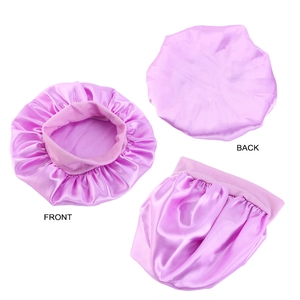Front and back views of purple satin sleep bonnet with wide elastic band for kids
