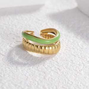 French vintage double-layered titanium steel open ring with green enamel and gold texture