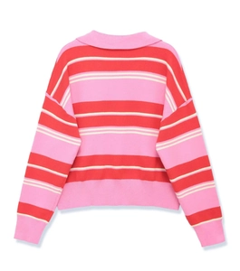 Detail of long sleeve knit Polo shirt with pink and cream stripes and lapel collar