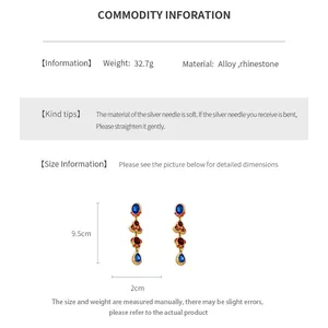 Detailed spec sheet showing vintage teardrop earrings size 9.5x2cm and alloy weight