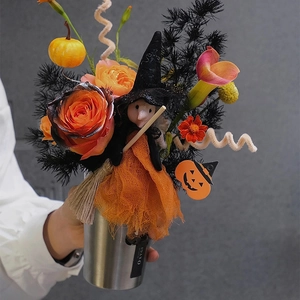 Halloween creative floral gift box with orange rose and witch doll in silver metal cup