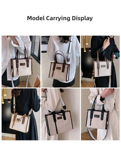 Detail view of contrast canvas tote bag with leather straps in caramel and black options