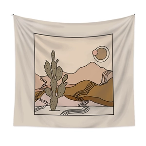 Detail of bohemian wall tapestry featuring minimalist desert cactus and dunes print