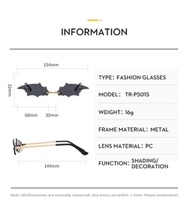 Tableau des tailles pour lunettes de soleil chauve-souris avec dimensions et spécifications