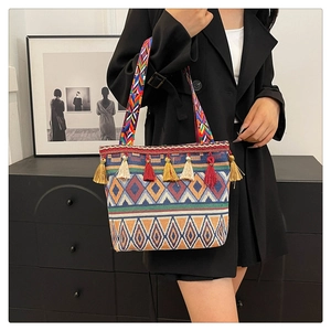 Detailed view of bohemian tote bag with colorful geometric patterns and decorative tassels