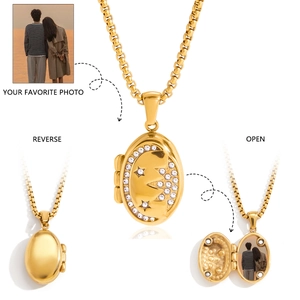 Detailed views of gold locket necklace showing open state for photo and reverse side