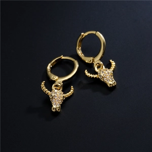 Bull Head Pendant Hoop Earrings 18K Gold Plated Copper Micro Set Cubic Zirconia Animal Retro Jewelry For Women