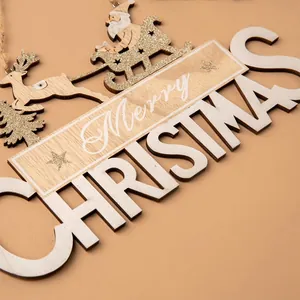 Panneau de porte Joyeux Noël en bois doré avec paillettes et motifs de renne