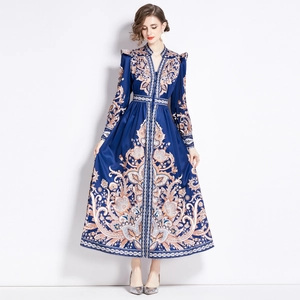 Vintage palace style V-neck paisley long dress with lantern sleeves and belted waist