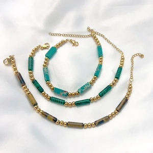 French retro beaded malachite bracelet set with golden beads and stainless steel clasp