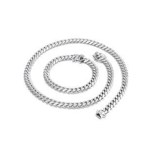Classic 8mm silver titanium steel Cuban chain necklace and bracelet set on white background