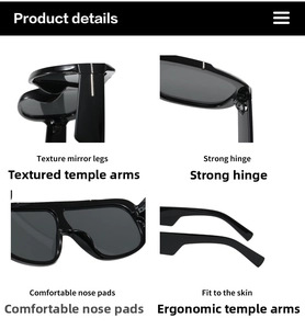 Detail view of large black sunglasses featuring reinforced hinges and integrated nose pads