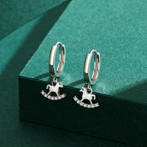 Cute S925 sterling silver rocking horse hoop earrings with sparkling crystal accents