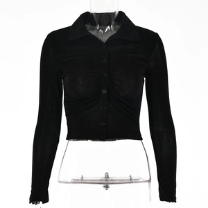 Women's black vintage button-up cardigan with ruched front and lapel collar