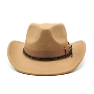 Detail of camel wool felt western cowboy hat featuring decorative ribbon and knot texture