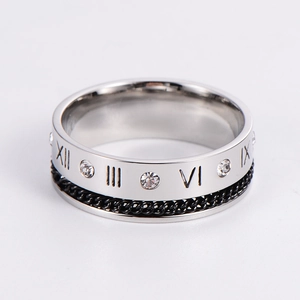 Close-up of silver ring featuring roman numerals, black chain links and white zircons