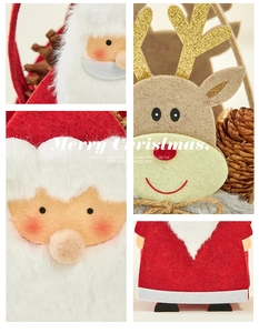 Detail of Christmas felt gift bags featuring Santa and reindeer with plush fur trim