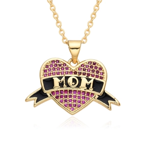 Golden heart-shaped MOM necklace with purple crystals and black ribbon detail