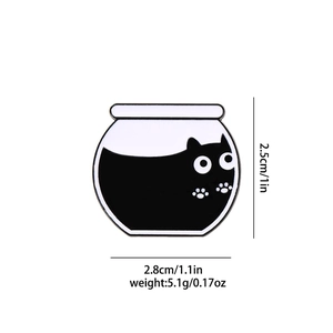 Detailed view of enamel cat in fishbowl brooch with dimensions and weight specs