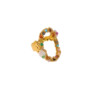Irregular gold titanium steel ring with colorful beads and textured organic design