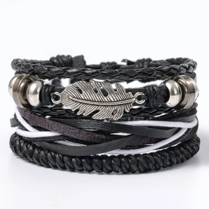 Multilayer leather bracelet set with vintage silver feather pendant and metal beads