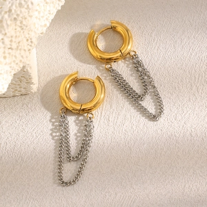Detail of 18K gold-plated circular earrings featuring elegant silver chain tassels