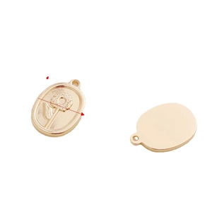 14K gold plated oval pendant with embossed flower relief and smooth back surface