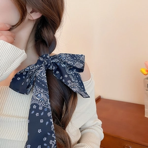 Detail of navy blue paisley silk scarf tied in a bow on a braided ponytail style